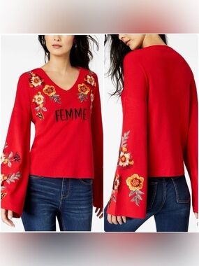 3/$22🩶 INC Femme Embroidered Flowers Bell-Sleeve Top Sweater Plus Size 1X